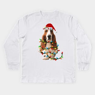 Basset Hound Christmas Lights Santa Hat Xmas Kids Long Sleeve T-Shirt